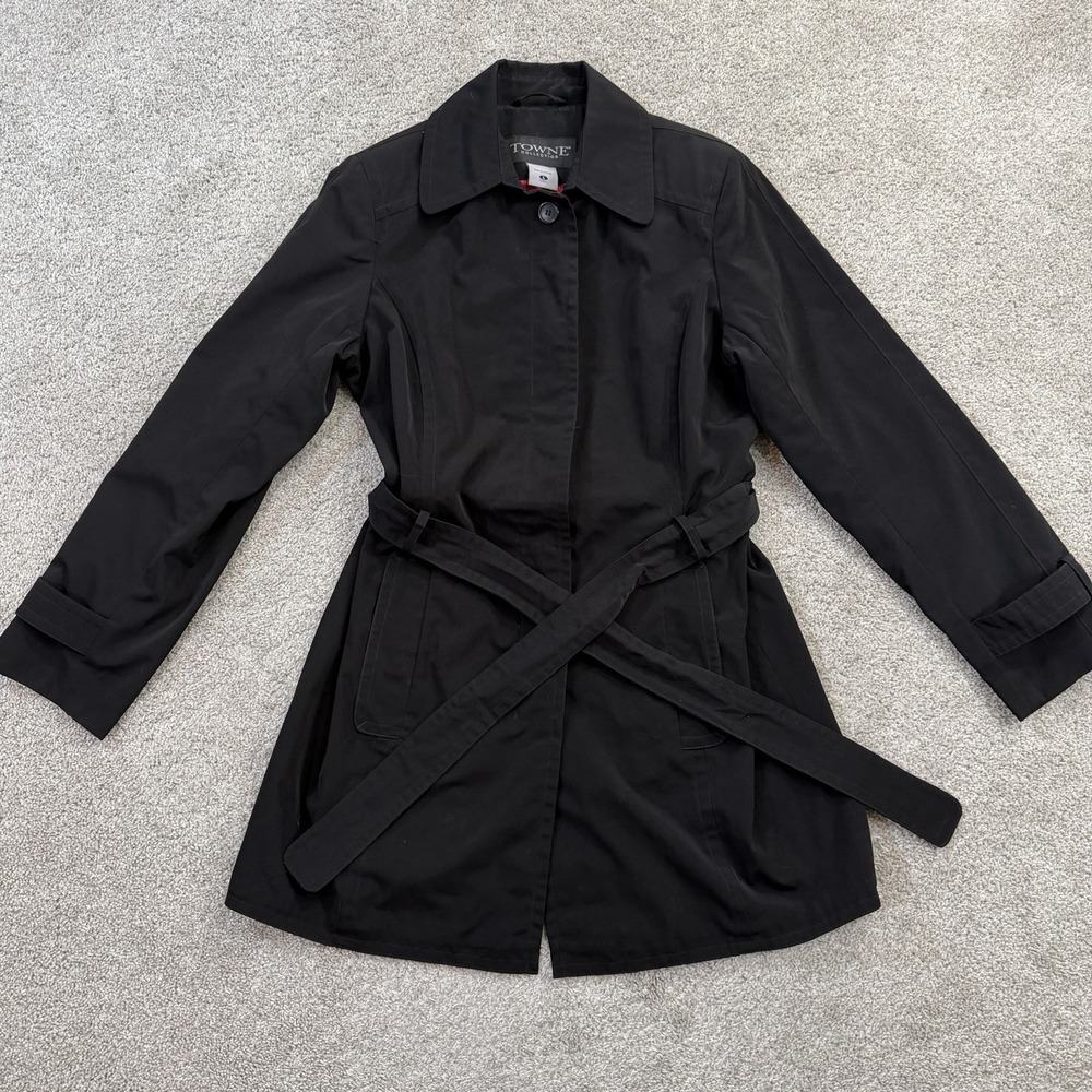 Towne Collection Trench Coat L Belted Lightweight Rain Jacket Black‎ Outerwear
